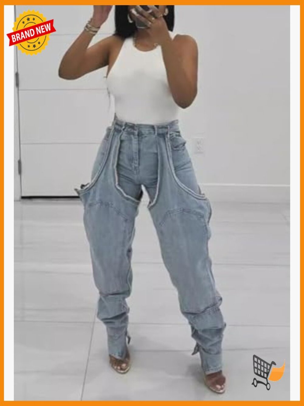 Baggy High Rise Wide Leg Jeans with Pockets Streetwear Y2K Stretchy - Picture 4 of 7